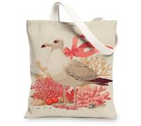 Coastal Gull Canvas Tote Bags, Artistic Bird Coral Pattern Reusable Grocery Bags, Beachy Nautical Lightweight Washable Sho, Beige, 13x15 Inch