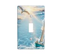 Coastal Gull Single Light Switch Cover Plate, Coastal Natural Sailboat Waves Summer Blue Plastic Standard Size Switch Plate Decorative for Home Living Room New Apartment Decor (Single)