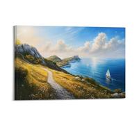 Coastal Hillside Path Wall Art, Scenic Ocean View Painting with Sailboats, Serene Seaside Landscape Design, Hanging Paintings Poster for Living Room, Bedroom And Office Indoor Decor 24x36inch(60x90cm)