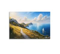 Coastal Hillside Path Wall Art, Scenic Ocean View Painting with Sailboats, Serene Seaside Landscape Design, Hanging Paintings Poster for Living Room, Bedroom And Office Indoor Decor 24x36inch(60x90cm)