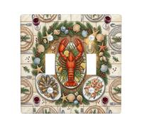 Coastal Holiday Seafood Feast Lobster Double Light Switch Cover Plate | Coastal Dining Theme, Nautical Seafood Imagery, Elegant Holiday Table Setting, Pine And Seashell Accents