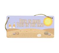 Coastal Home Decor - Wooden Hanging Sign, Beach House Bar Decor, Reads 'Beer in Hand, Toes in Sand' - Small Sign for Home - Colourful