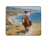 Coastal Horseback Riding Mouse Pad, Beach Scene with Ocean Blue Colors, Perfect for Summer Office and Home Use, Non-Slip Rubber Gaming Mousepad Square 8x10 Inch