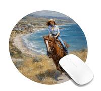 Coastal Horseback Riding Mouse Pad, Beach Scene with Ocean Blue Colors, Perfect for Summer Office and Home Use, Non-Slip Rubber Gaming Mousepad Round 8x8 Inch