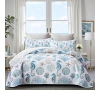 Coastal King Size Quilt With 2 Shams - Nautical Beach Comforter Set, Ocean Bedspread, Blue Seahorse Coverlet, Summer Bedding, 96"x106"