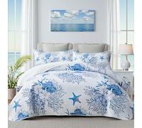 Coastal King Size Quilt with 2 Shams, Nautical Comforter Sets, Ocean Bedspreads Blue Starfish Coverlet Summer Bedding, 96''x106''