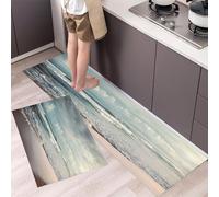 Coastal Landscape Kitchen Rugs Non Skid Washable Mats Set of 2 PCS, Retro Beach Absorbent Runner Rugs for Kitchen, Front of Sink,Sink Laundry, 40x60cm+40x120cm Gray Blue