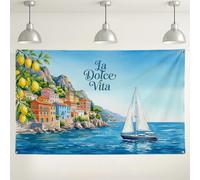 Coastal Lemon Tree Wall Backdrop, Nautical Summer Beach Decorative Background, Blue Ocean Seaside Photography for Events and Parties 71x43 Inch
