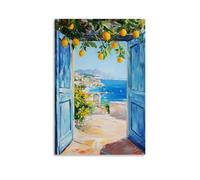 Coastal Lemon Window Wall Art, Vintage Mediterranean Seascape Scenery, Hanging Paintings Poster for Home Beach House Mediterranean Style Interior Decor 16x24inch(40x60cm)