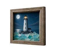 Coastal Light House Sea Glass Shadow Box - Decorative Wooden Soft Glow Good Meaning | Seascape Art Frame Night Light | LED Illuminated Picture Frame Wall Decor For Living Room Study Room Coffee Shop D