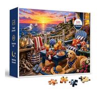 Coastal Lighthouse 500 Piece Jigsaw Puzzle for Adults & Teens, Seaside Porch Sunset Scene with Sailboats, Golden Retriever, Flowers, Iced Tea, Adirondack Chair, and Nautical Cottage Porch Details
