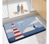 Coastal Lighthouse Bath Mat, Soft Non-Slip Plush Bathroom Rug with Lighthouse Sailboat Seagull & Ocean Design, Ultra Absorbent Microfiber Shaggy Bath Rug, Nautical Decor Mat (Blue Horizon, 32X20in)