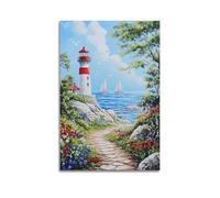 Coastal Lighthouse Canvas Wall Art, Blue Ocean Seaside Landscape with Sailboat Seabird Flowers Hanging Paintings Poster for Home Living Room Bedroom Bathroom Office Decor 24x36inch(60x90cm)