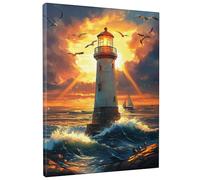 Coastal Lighthouse Canvas Wall Art, Blue with Orange Sunset Seascape Poster Prints, Nautical Wall Decor for Living Room, Bedroom, Bathroom, Unframed 12x16 Inch