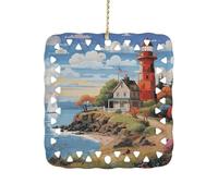 Coastal Lighthouse Christmas Ornaments Xmas Ceramic Hanging Square Pendant Double-Sided Printing Xmas Tree Ornament for Holiday Keepsake Gifts 3 Inch