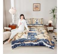 Coastal Lighthouse Comforter Set Single Size,Retro Sailing Boat Ocean Adventure Bedding Set for Kids Girls Boys,Nautical Anchor Soft Duvet Insert for All Season,1 Pillowcase,Dark Blue Brown