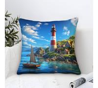 Coastal Lighthouse Cushion Cases Modern Art Decorative,Seaside Rural Scene Pattern Square Cotton Pillow Cases Soft Polyester Pillowcases for Sofa Patio Home Decor 40x40cm