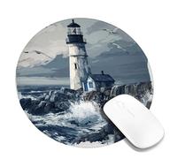 Coastal Lighthouse Desk Mouse Pad, Blue Gray Ocean Waves Printed Mousepad, Rubber Non-Slip Washable Gaming Mouse Pad for Home and Office Round 8x8 Inch