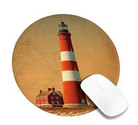 Coastal Lighthouse Desk Mouse Pad, Red Orange Nautical Design Stitched Edge Mousemat, Rubber Non-Slip Washable Gaming Mouse Pad for Home and Office Computer, Laptop Round 8x8 Inch