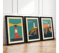 Coastal Lighthouse Guardians Art Deco Set of 3 Framed Wall Art Prints A1