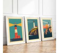 Coastal Lighthouse Guardians Art Deco Set of 3 Framed Wall Art Prints A1