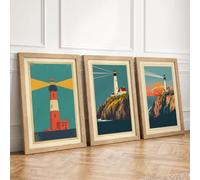 Coastal Lighthouse Guardians Art Deco Set of 3 Framed Wall Art Prints A1