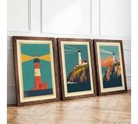 Coastal Lighthouse Guardians Art Deco Set of 3 Framed Wall Art Prints A1