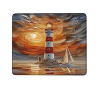 Coastal Lighthouse Mouse Pad, Orange Red Sunset Sea View Stitched Edge Mousepad, Non-Slip Washable Gaming Mouse Pad for Home and Office Computer, Laptop Square 8x10 Inch