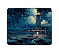 Coastal Lighthouse Night Scene Mouse Pad, Blue Ocean Waves Artwork, Stitched Edge Office Accessory, Non-Slip Washable Gaming Mat for Home and Work Square 8x10 Inch