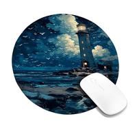 Coastal Lighthouse Night Scene Mouse Pad, Blue Ocean Waves Artwork, Stitched Edge Office Accessory, Non-Slip Washable Gaming Mat for Home and Work Round 8x8 Inch