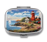 Coastal Lighthouse pilldispenser 2-Compartment Portable Travel Square PillCase Daily with Store Vitamins Pocket Medicine Organizer for Office Home Fish Oil
