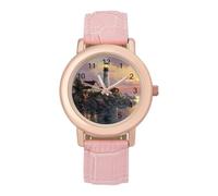 Coastal Lighthouse Scene Women’s Watch Quartz Wristwatch Analog with Leather Strap for Office