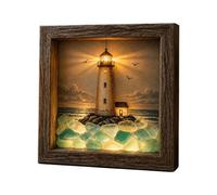 Coastal Lighthouse Sea Glass Night Light, Handmade Sea Glass Shadow Box with LED Warm Glow, Healing Seaside Bedroom Decor for Adults Starfish Shells Art Bedside Lamp Gifts (style A)
