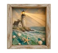 Coastal Lighthouse Sea Glass Shadow Box Night Light, Lighthouse Lamp for Bedrooms, Living Rooms, Reading Corners (Color B)