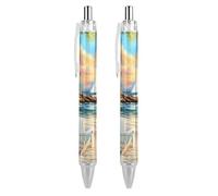 Coastal Lighthouse Seaside Scenery Retractable Ballpoint Pen Black Ink Ball Point Pen Work Pens 2 PCS