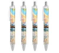 Coastal Lighthouse Seaside Scenery Retractable Ballpoint Pen Black Ink Ball Point Pen Work Pens 4 PCS