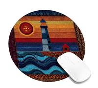 Coastal Lighthouse Square Desk Mouse Pad, Blue with Orange Sunset Art Stitched Edge Mousepad, Rubber Non-Slip Washable Gaming Mouse Pad for Home and Office Computer, Laptop Round 8x8 Inch