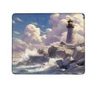Coastal Lighthouse Square Desk Mouse Pad, Sky and Ocean Waves Stitched Edge Mousepad, Rubber Non-Slip Washable Gaming Mouse Pad for Home and Office Computer, Laptop Square11.8 x9.8