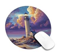 Coastal Lighthouse Square Desk Mouse Pad, Warm Sunset Colorful Lighthouse Stitched Edge Mousepad, Rubber Non-Slip Washable Gaming Mouse Pad for Home and Office Computer, Laptop Round 8x8 Inch