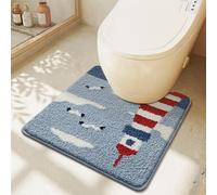 Coastal Lighthouse Toilet Rug, Soft Non-Slip U-Shaped Bathroom Toilet Mat with Nautical Lighthouse Cloud & Seagull Design, Absorbent Plush Toilet Floor Mat, Ocean Decor Rug (Blue Horizon1, 22X20in)