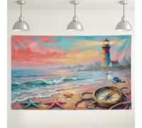 Coastal Lighthouse Wall Backdrop, Nautical Ocean Scene Decorative Background, Beach Sunset Photography Prop for Summer Parties, Vacation Events 71x43 Inch