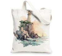 Coastal Lighthouse Watercolour Design Reusable Canvas Tote Bags Lightweight Washable Shoulder Strap, white, 13x15 Inch