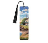 Coastal Lighthouse Wooden Bookmarks 5 Pcs,Handmade Double-Sided Printed Book Marks Page Markers with Black Tassels Book Accessories Gift for Book Lovers Women Men