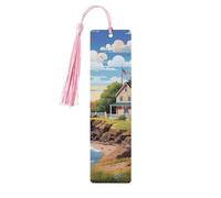 Coastal Lighthouse Wooden Bookmarks 5 Pcs,Handmade Double-Sided Printed Book Marks Page Markers with Pink Tassels Book Accessories Gift for Book Lovers Women Men