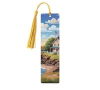 Coastal Lighthouse Wooden Bookmarks 5 Pcs,Handmade Double-Sided Printed Book Marks Page Markers with Gold Tassels Book Accessories Gift for Book Lovers Women Men