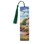 Coastal Lighthouse Wooden Bookmarks 5 Pcs,Handmade Double-Sided Printed Book Marks Page Markers with Dark Green Tassels Book Accessories Gift for Book Lovers Women Men