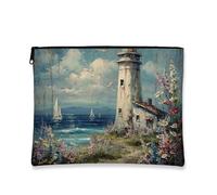 Coastal Makeup Bag, Nautical Lighthouse Vintage Ocean Cosmetic Travel Bags for Women, Portable Small Canvas Zipper Pouch, Beach Picnic Skincare Toiletry Bag Organizer, Blue, 7x9 Inch, Lighthouse