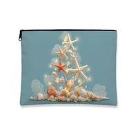 Coastal Makeup Bag, Starfish and Shells Cosmetic Travel Pouch for Women, Portable Small Zipper Organizer, Summer Skincare Toiletry Bag, Blue, 7x9 Inch, Shells