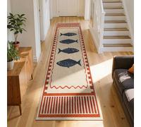 Coastal Marine Long Runner Rug 80x200cm Folk Block Print Sardines Carpet | Vintage Cream and Rust Red Fish Entrance Floor Mat Low-Pile non-shedding Washable for Living Room Lounge Home Office