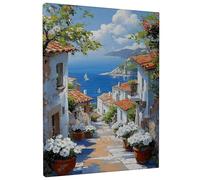 Coastal Mediterranean Village Canvas Wall Art, Blue White Seaside Landscape Poster Prints, Summer Holiday Decor for Living Room, Bedroom, Office, Wrapped Canvas 16x20 Inch